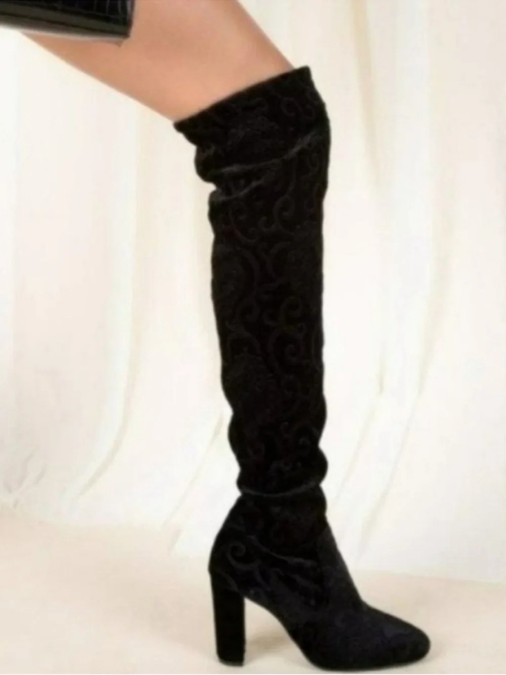 Black embroidered over the knee boots chunky block heel velvet